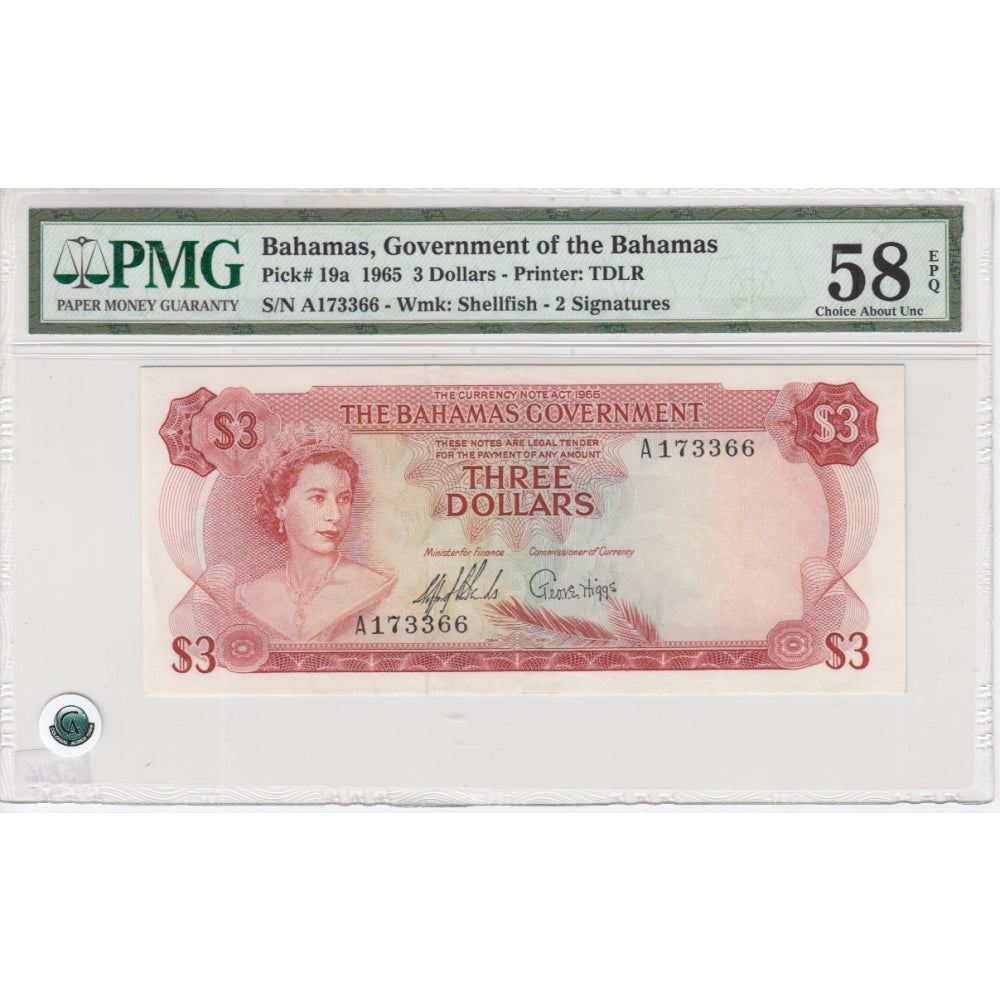Bahamas Note 1965 3 Dollars, 2 Signatures, PMG Certified Choice About Unc-58, EPQ