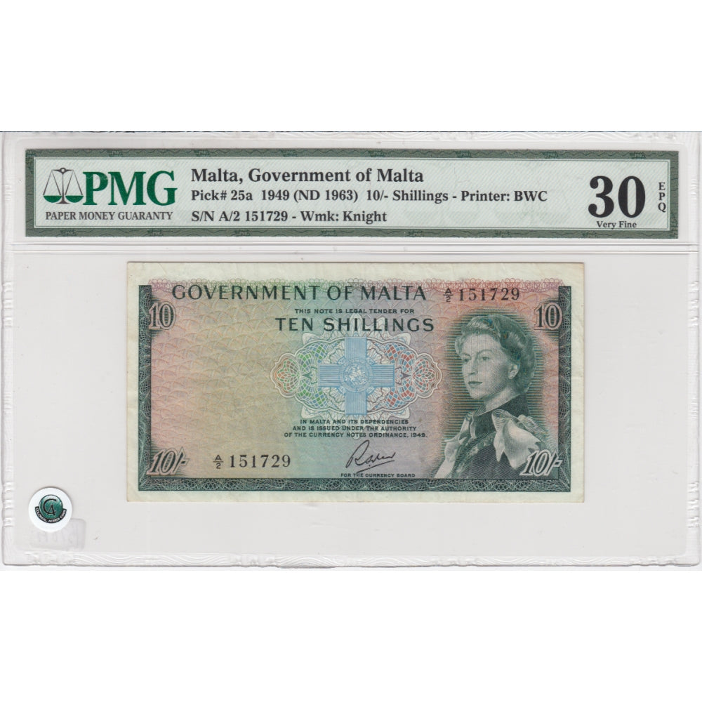Malta (ND 1949 1963) 10 Shillings, A/2, PMG Certified VF30, EPQ