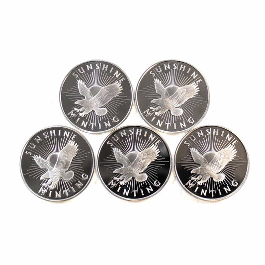 Lot of 5x Sunshine Mint 1oz Silver Rounds (No Tax) Tone Spots/Light Scratches