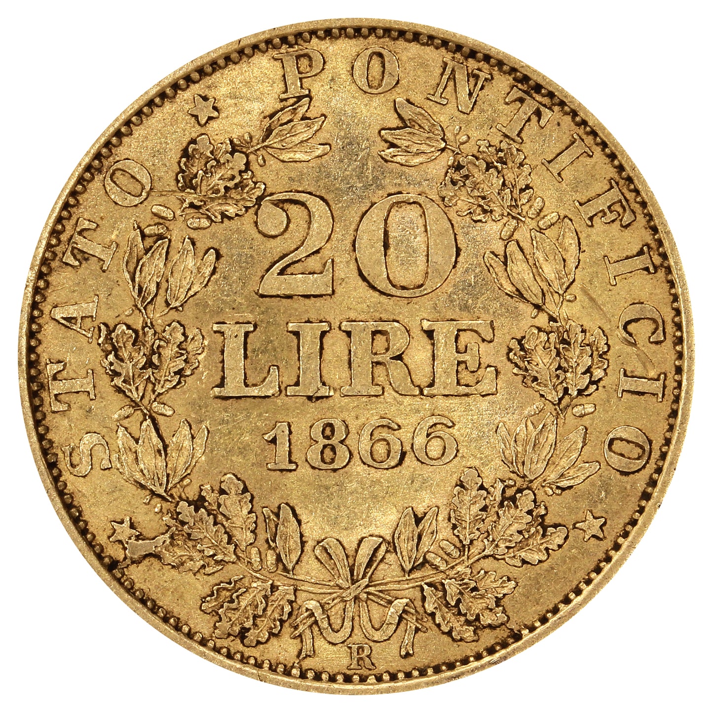 Italian States 1866XX IR Papal States Gold 20 Lire EF-AU (EF45)