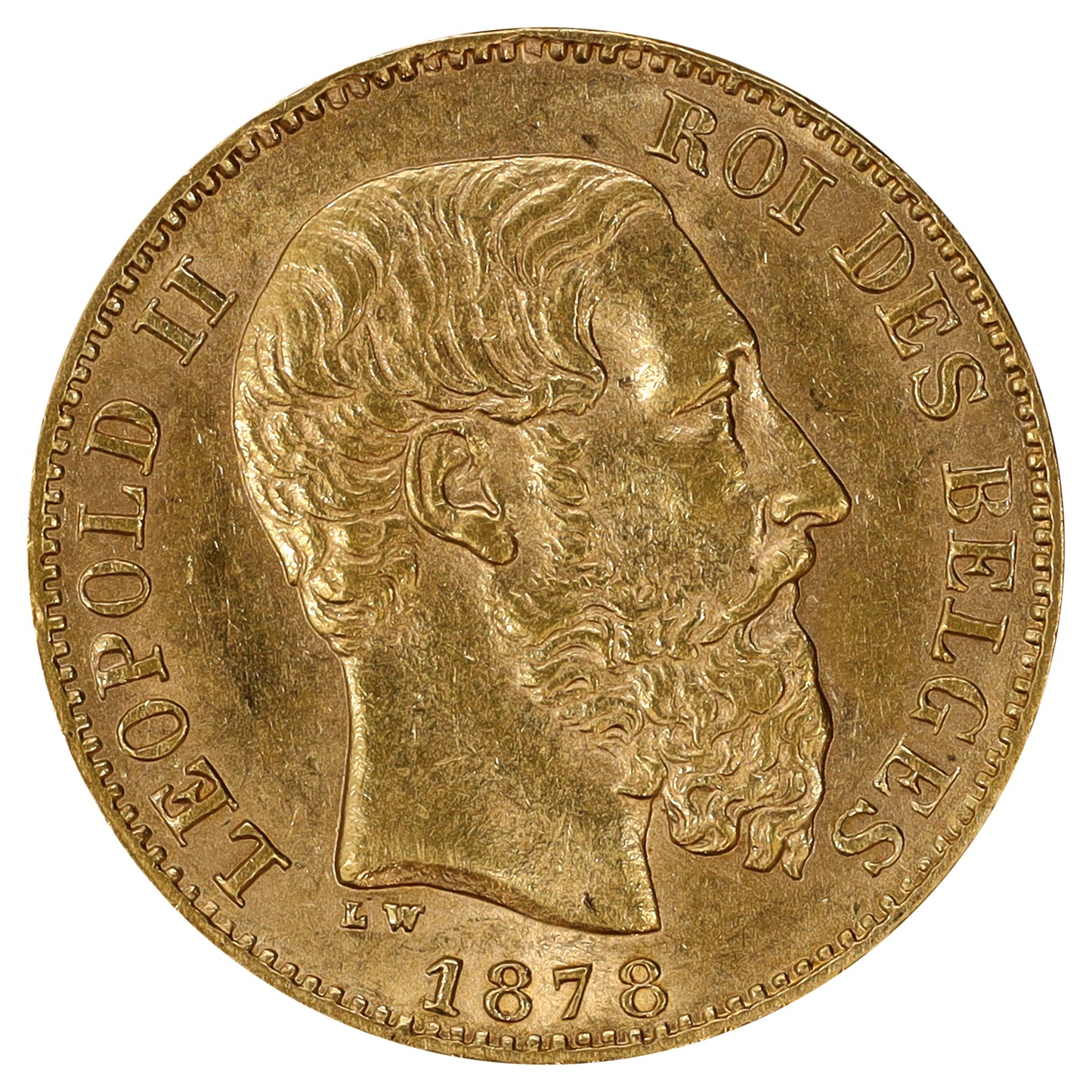 Belgium 1878 Gold 20 Francs AU-UNC (AU55)