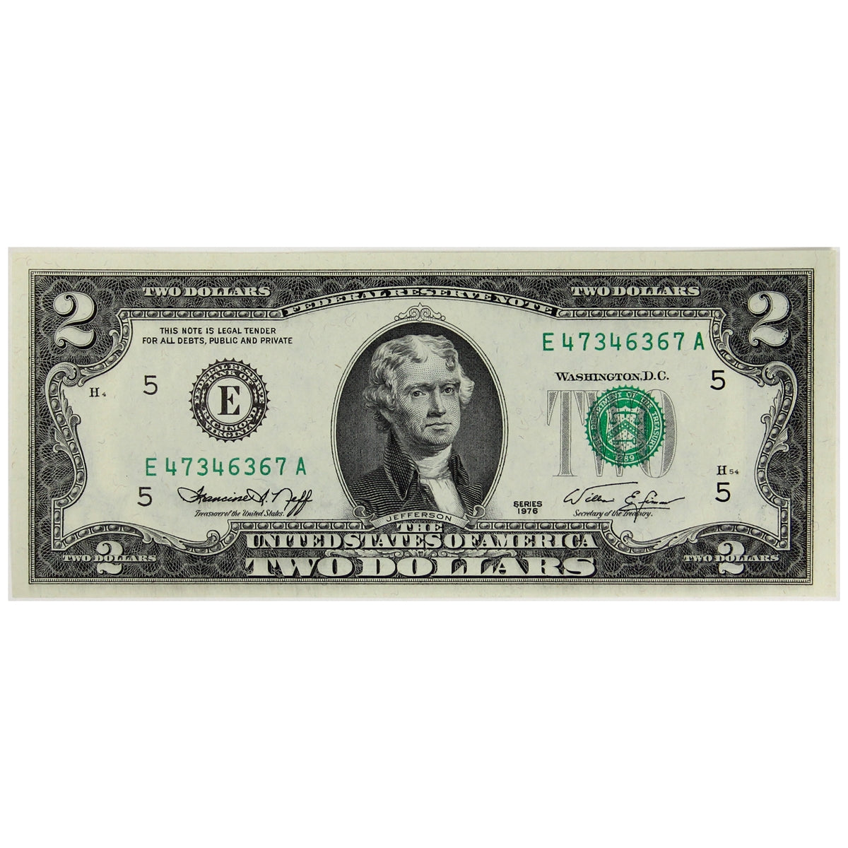 USA 1976 $2 Note, FR #1935E, Neff-Simon, Richmond, CUNC