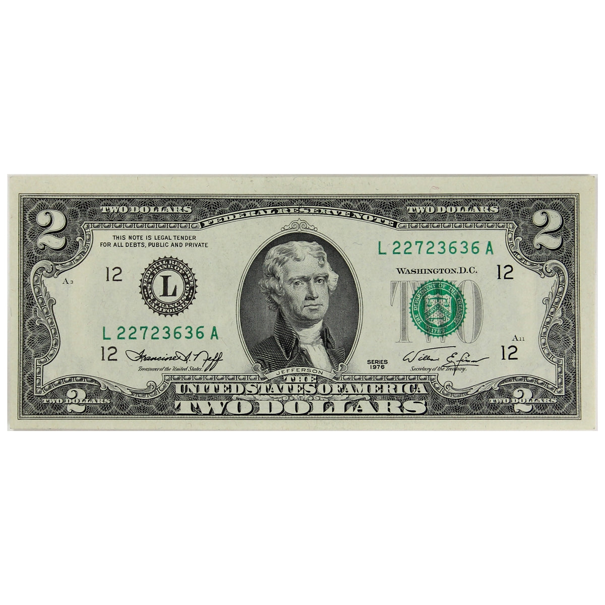 USA 1976 $2 Note, FR #1935L, Neff-Simon, San Francisco, CUNC