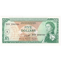 East Caribbean States 1965 5 Dollar Note, Pick #14i, A Overprint, UNC