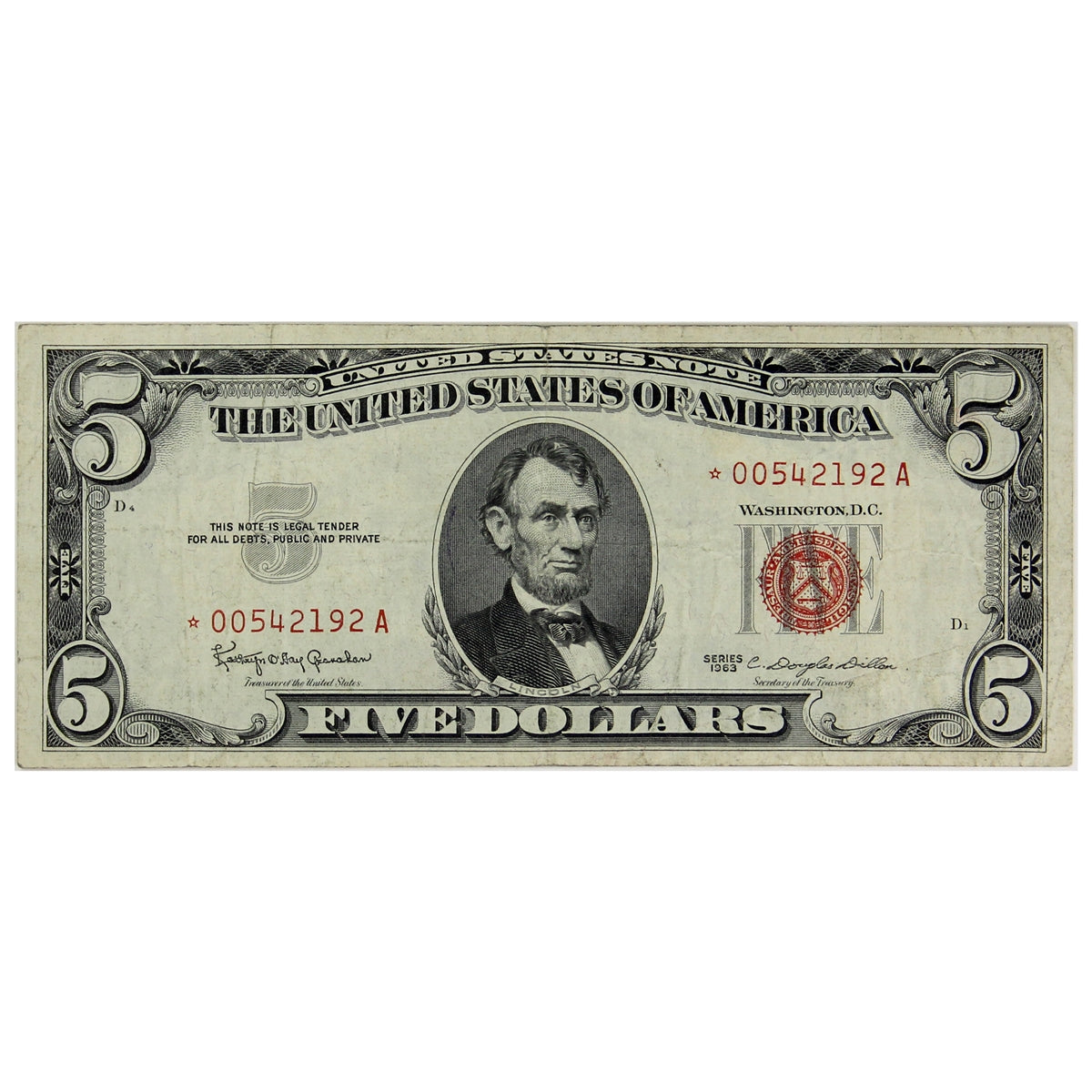 USA 1963 $5 Note, FR #1536*, Granahan-Dillion, Star Note, VF