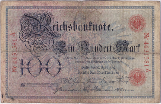 Germany 1903 100 Mark Note, Pick #22, VG (holes)