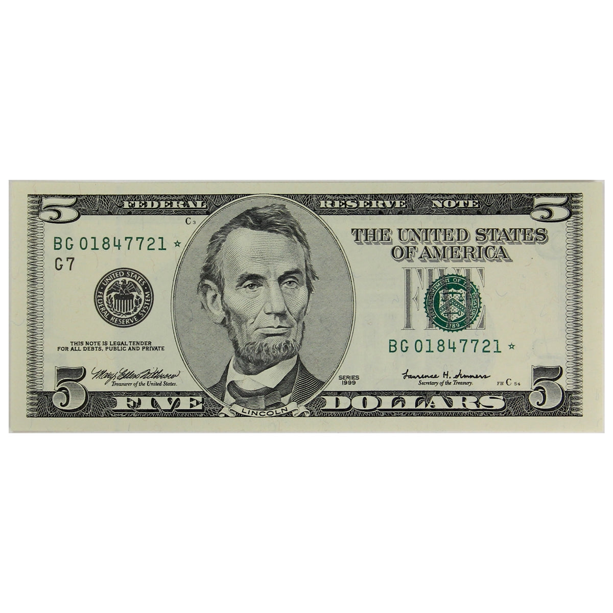 USA 1999 $5 Note, FR #1987G*, Star Note, CUNC