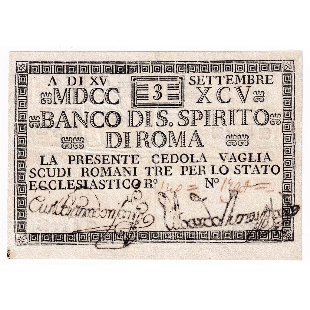 Italian States 1795 3 Scudi Note, Pick #S377, VF-EF (stain)