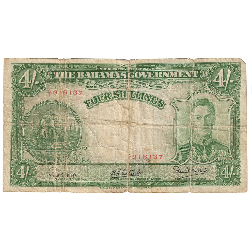 Bahamas 1936 4 Shilling Note, Pick #9e, Circ