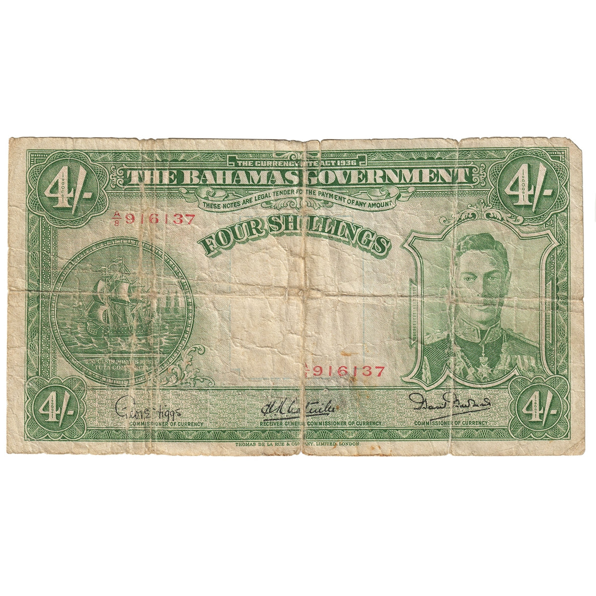 Bahamas 1936 4 Shilling Note, Pick #9e, Circ