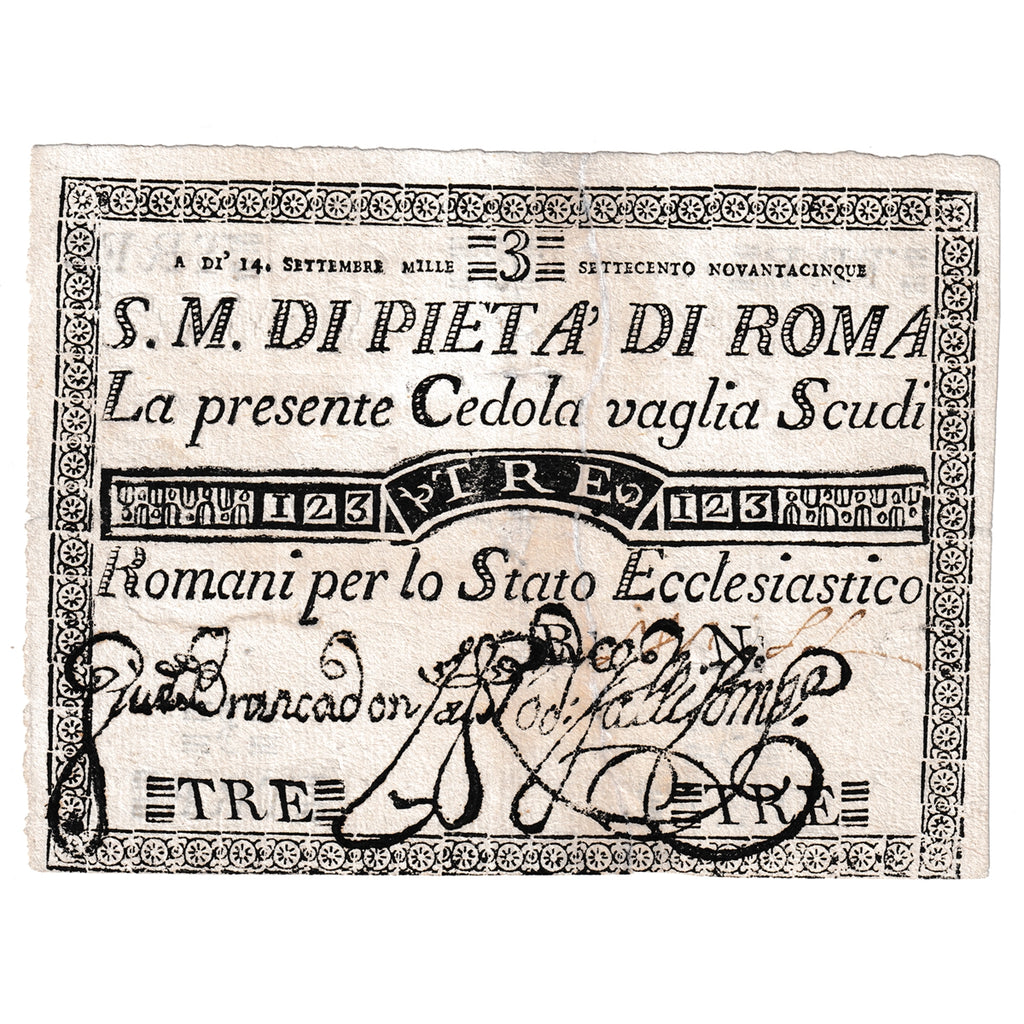 Italian States 1795 3 Scudi Note, Pick #S301, EF (repaired)