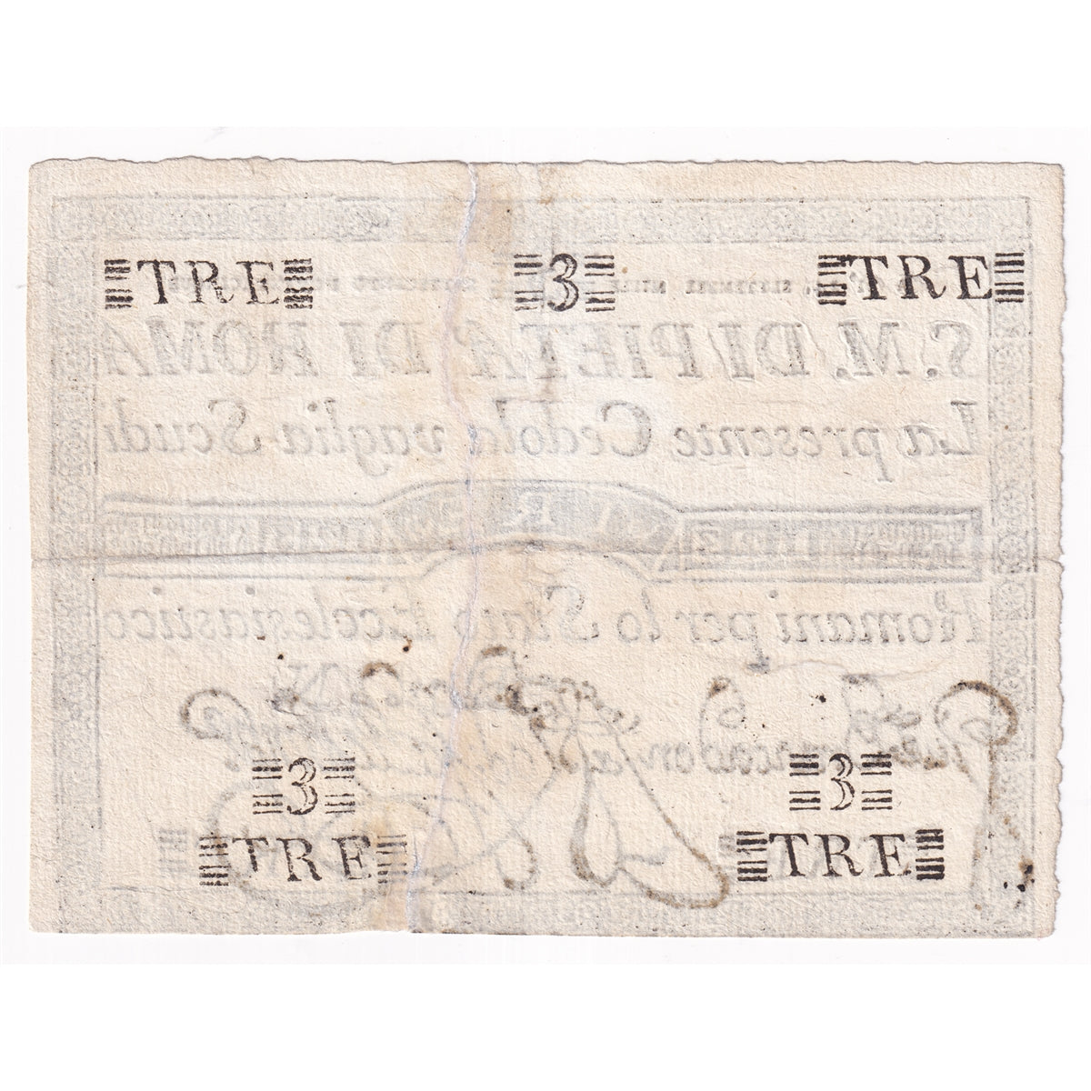 Italian States 1795 3 Scudi Note, Pick #S301, EF (repaired)
