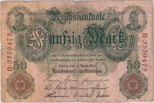 Germany 1910 50 Mark Note, Pick #41, VG (damaged)