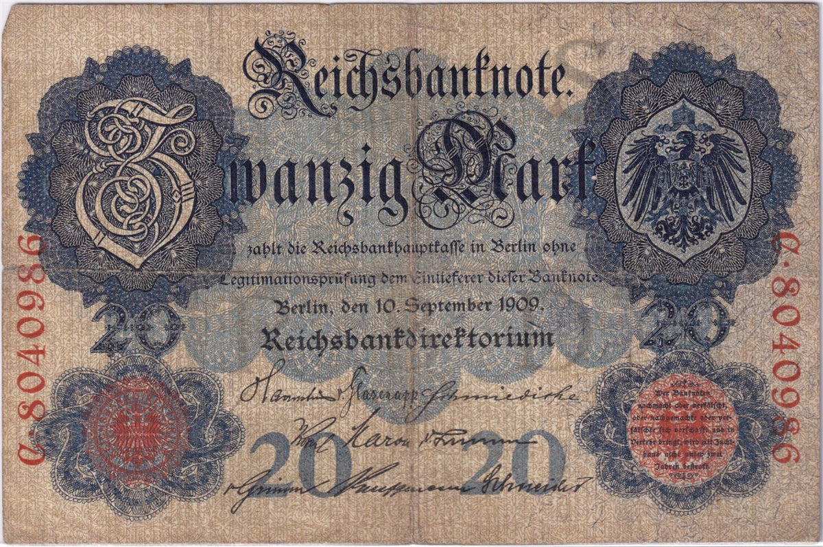 Germany 1909 20 Mark Note, Pick #37, VG-F (tear)