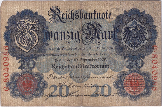 Germany 1909 20 Mark Note, Pick #37, VG-F (tear)