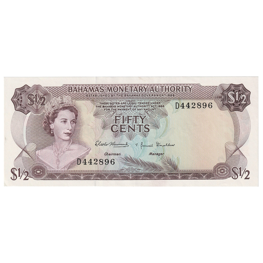 Bahamas 1968 1/2 Dollar Note, Pick #26a, AU-UNC