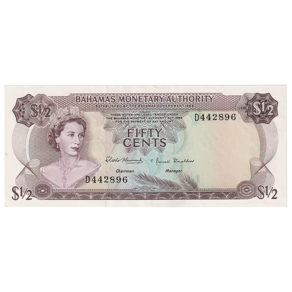 Bahamas 1968 1/2 Dollar Note, Pick #26a, AU-UNC