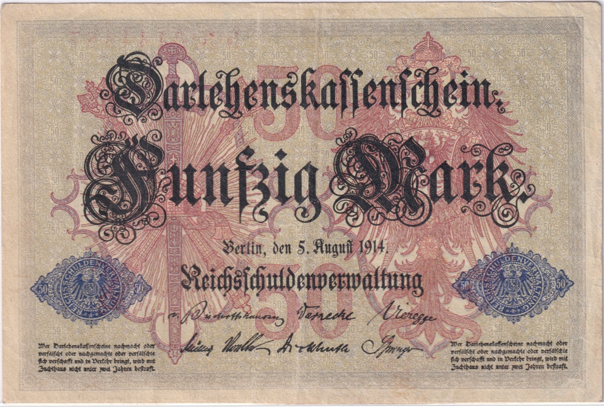 Germany 1914 50 Mark Note, Pick #49b, VF-EF
