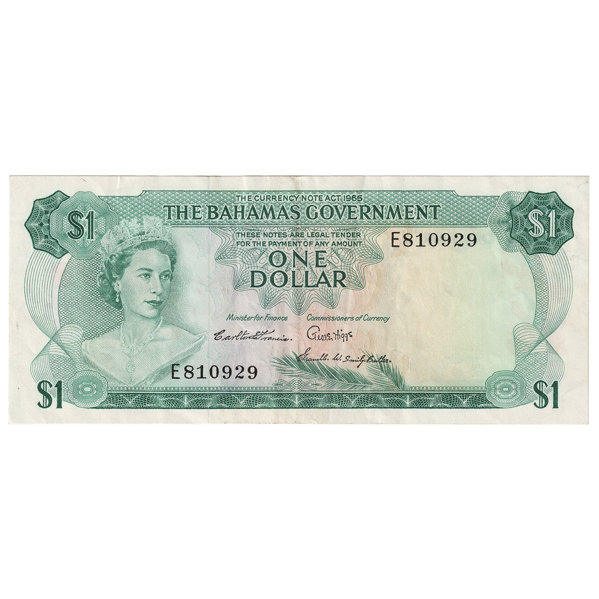 Bahamas L. 1965 1 Dollar Note, Pick #18b, 3 Signatures, EF