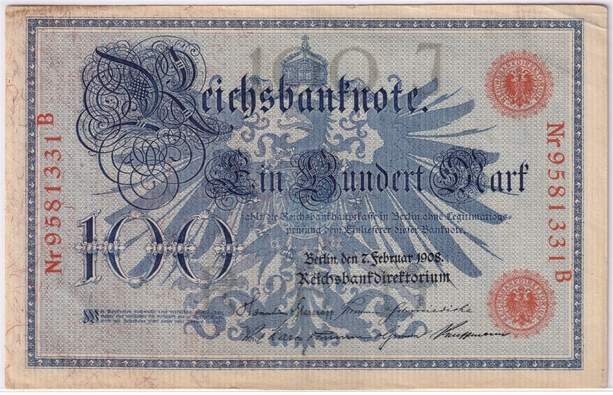 Germany 1908 100 Mark Note, Pick #33a, AU