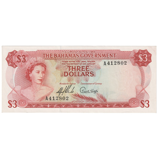 Bahamas 1965 3 Dollar Note, Pick #19a, 2 Signatures, UNC