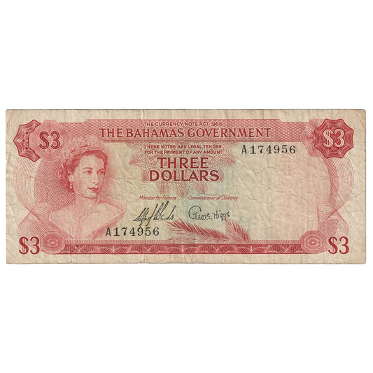 Bahamas 1965 3 Dollar Note, Pick #19a, 2 Signatures, Circ