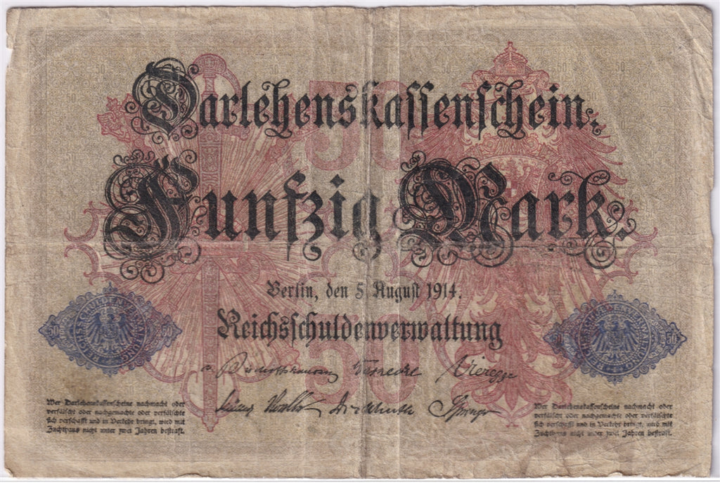 Germany 1914 50 Mark Note, Pick #49b, VG (hole)