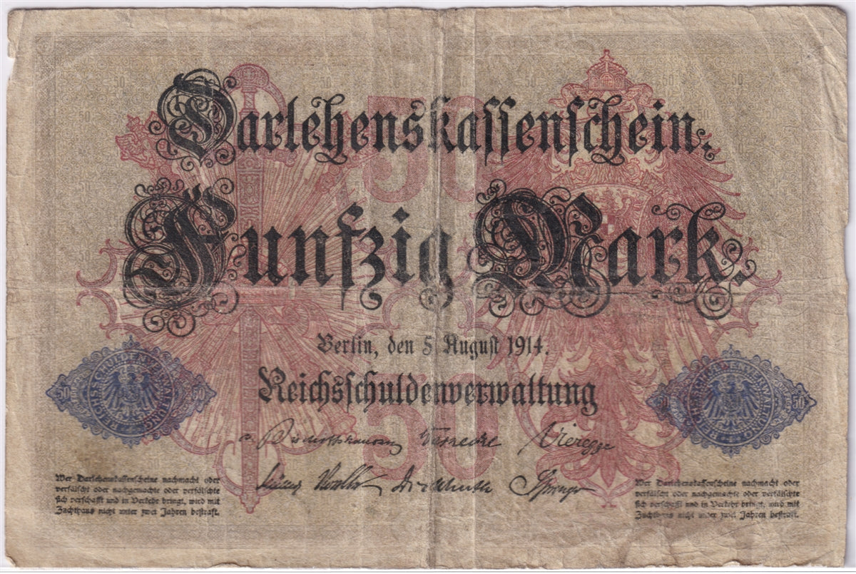 Germany 1914 50 Mark Note, Pick #49b, VG (hole)