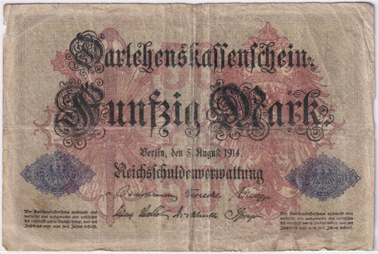 Germany 1914 50 Mark Note, Pick #49b, VG (hole)