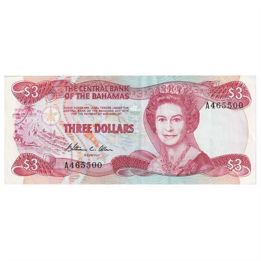 Bahamas 1974 3 Dollar Note, Pick #44a, VF-EF
