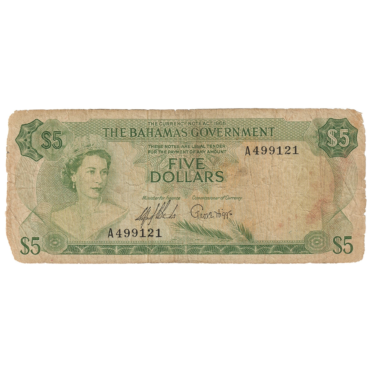 Bahamas 1965 5 Dollar Note, Pick #20a, Circ