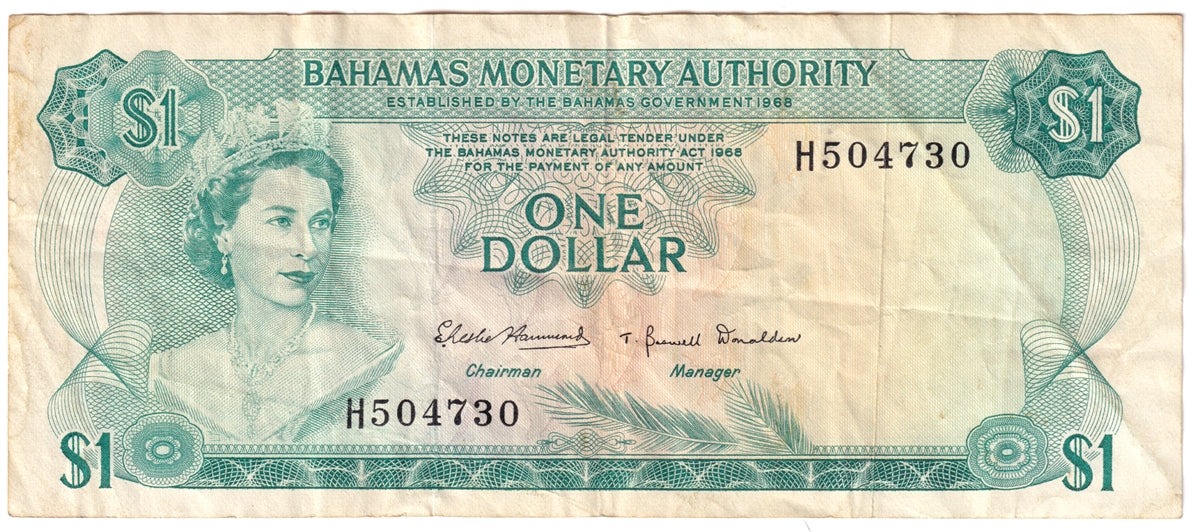Bahamas 1968 1 Dollar Note, Pick #27a, VF (soiling)