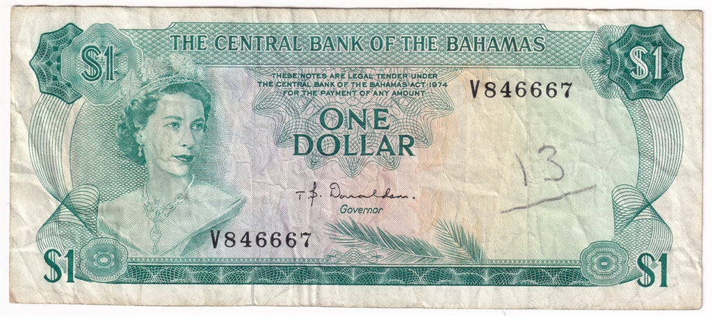 Bahamas 1974 1 Dollar Note, Pick #35a, Donaldson VF (writing)