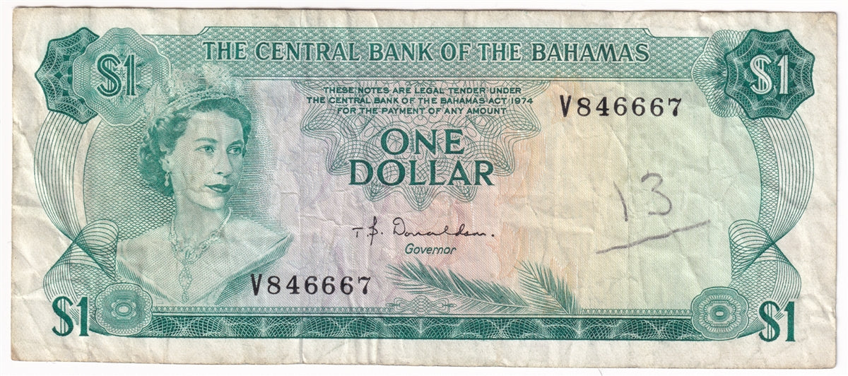 Bahamas 1974 1 Dollar Note, Pick #35a, Donaldson VF (writing)