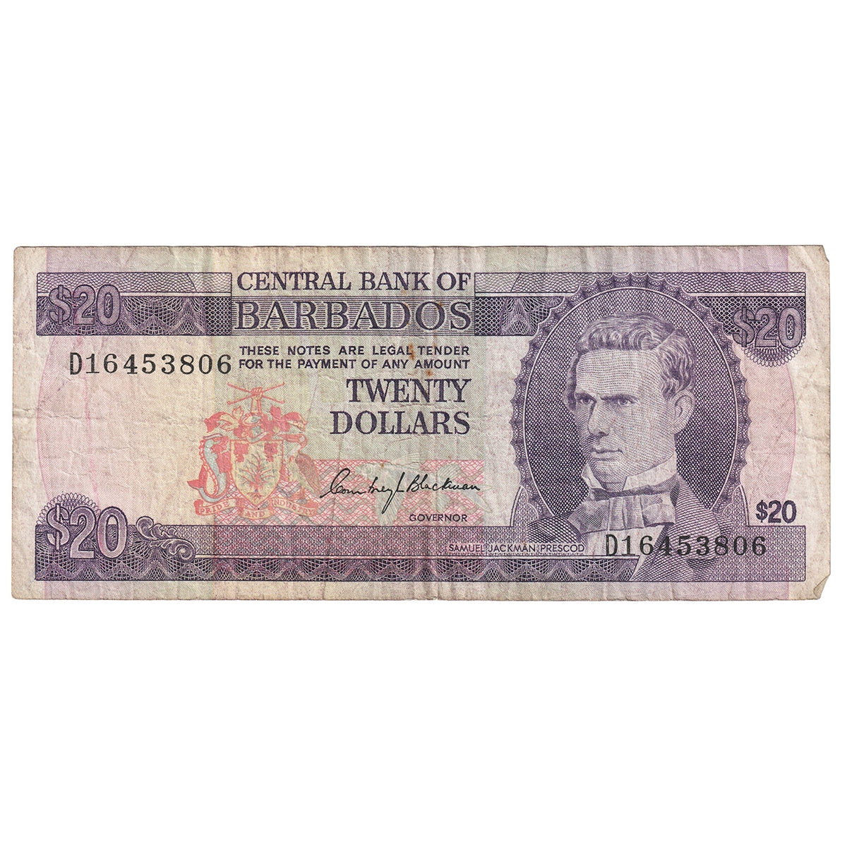 Barbados 1973 20 Dollar Note, Pick #34a, Circ