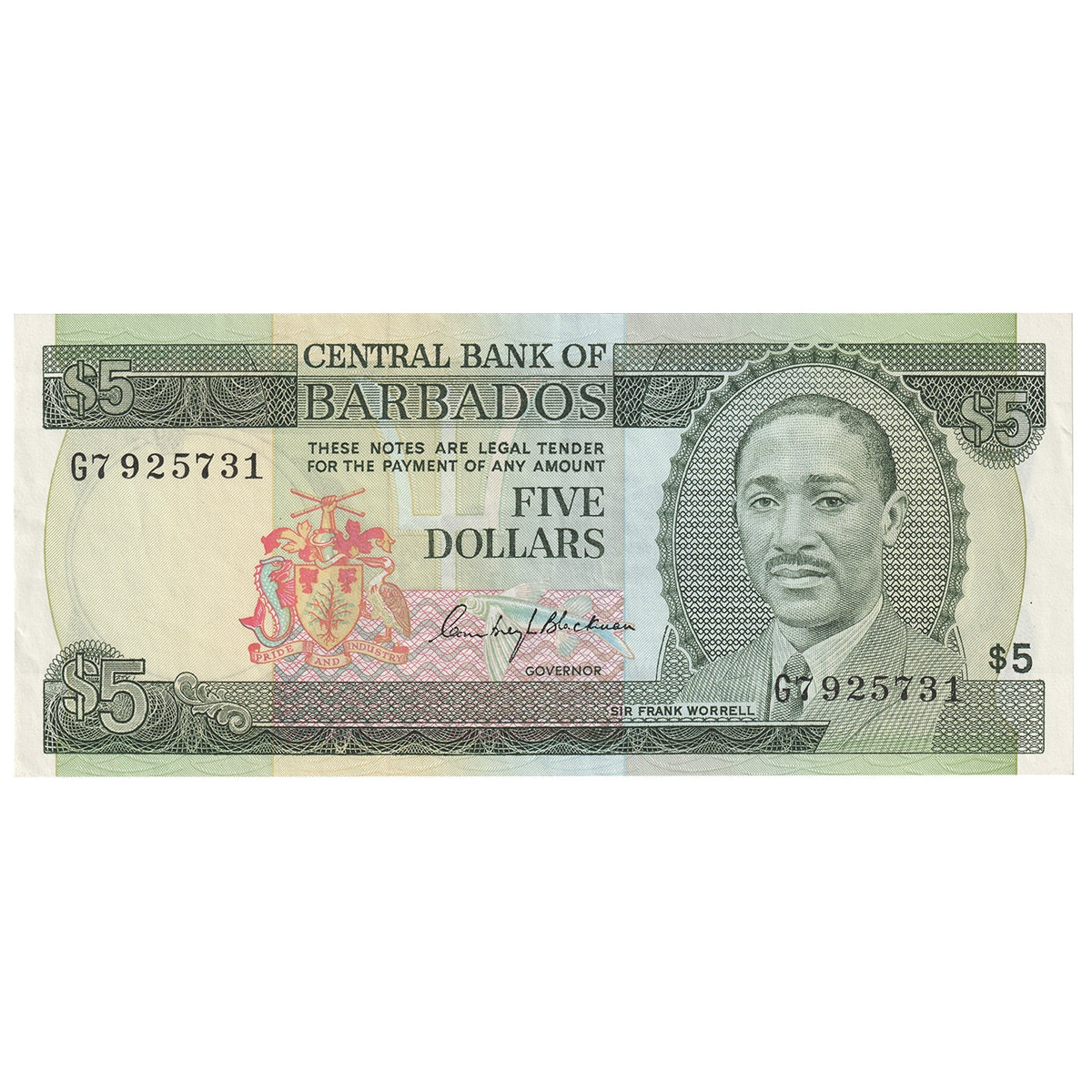 Barbados 1975 5 Dollar Note, Pick #32a, AU