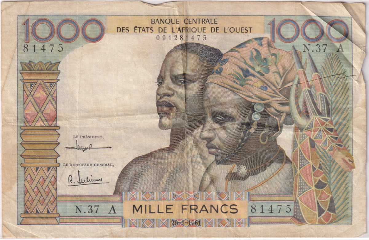 West African States 1961 1000 Francs Note, Pick #103Ac, VF (tears)