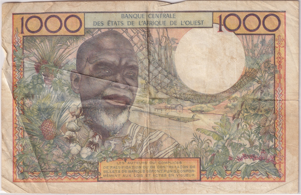 West African States 1961 1000 Francs Note, Pick #103Ac, VF (tears)
