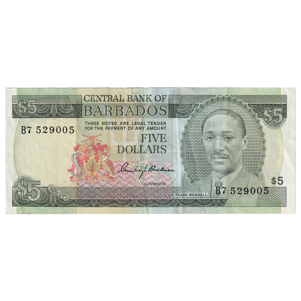 Barbados 1975 5 Dollar Note, Pick #32a, VF-EF