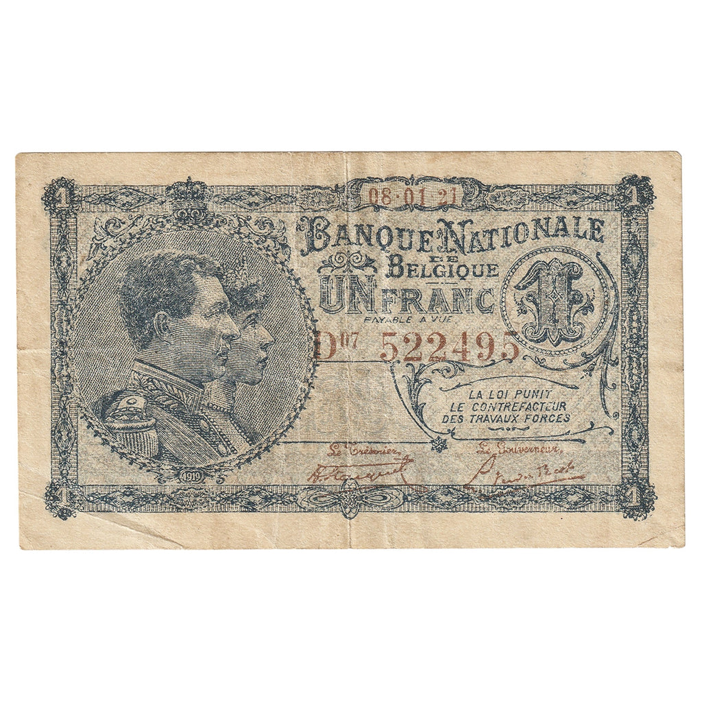 Belgium 1921 1 Franc Note, Pick #92, VF