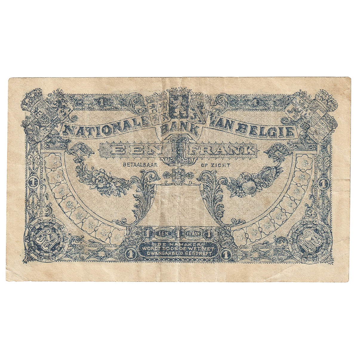 Belgium 1921 1 Franc Note, Pick #92, VF