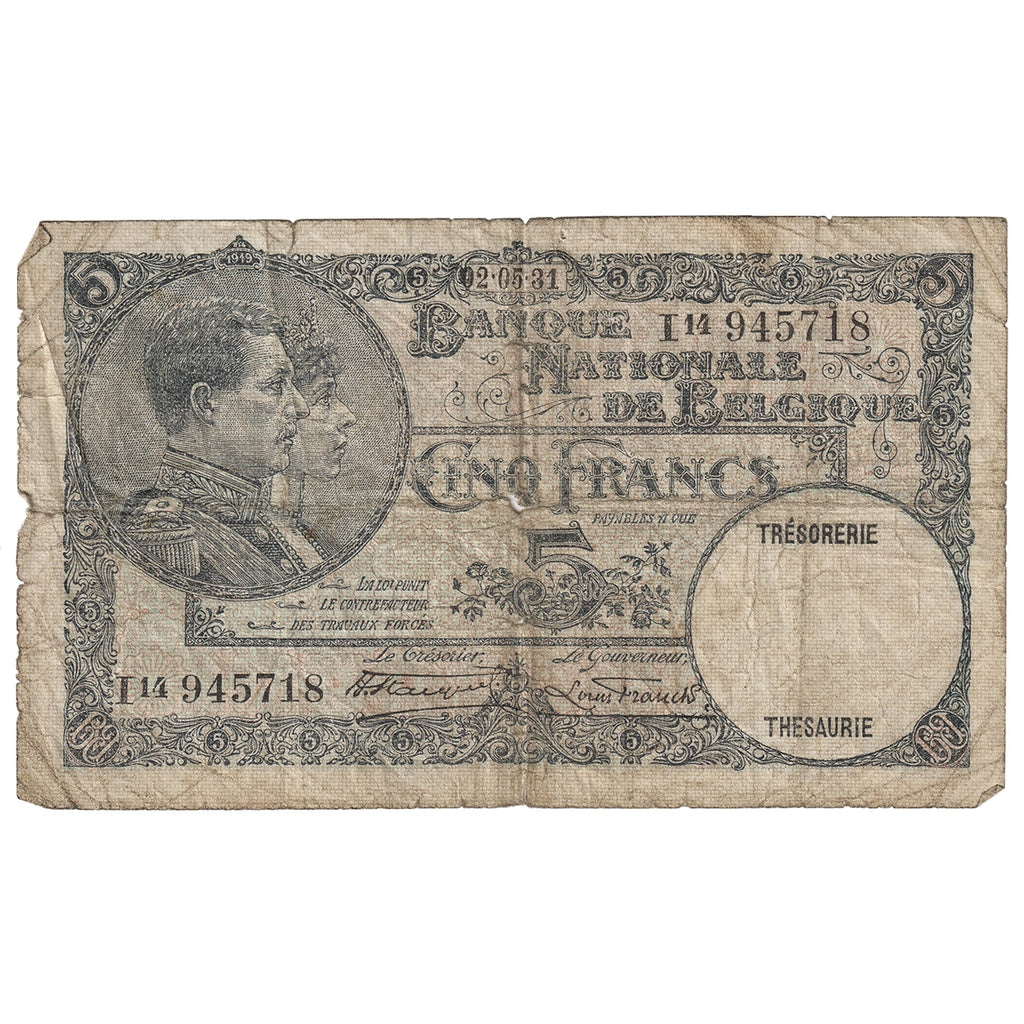 Belgium 1931 5 Franc Note, Pick #97b, Circ