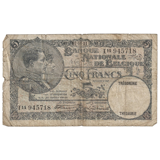 Belgium 1931 5 Franc Note, Pick #97b, Circ