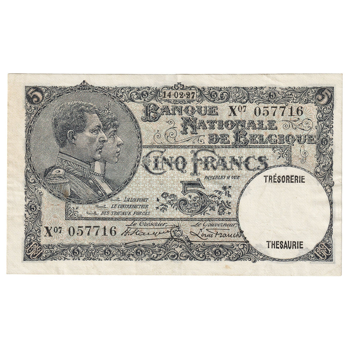 Belgium 1937 5 Franc Note, Pick #108a, EF