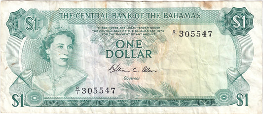Bahamas 1974 1 Dollar, Note, Pick #35b, Allen, Very Fine (Stain)