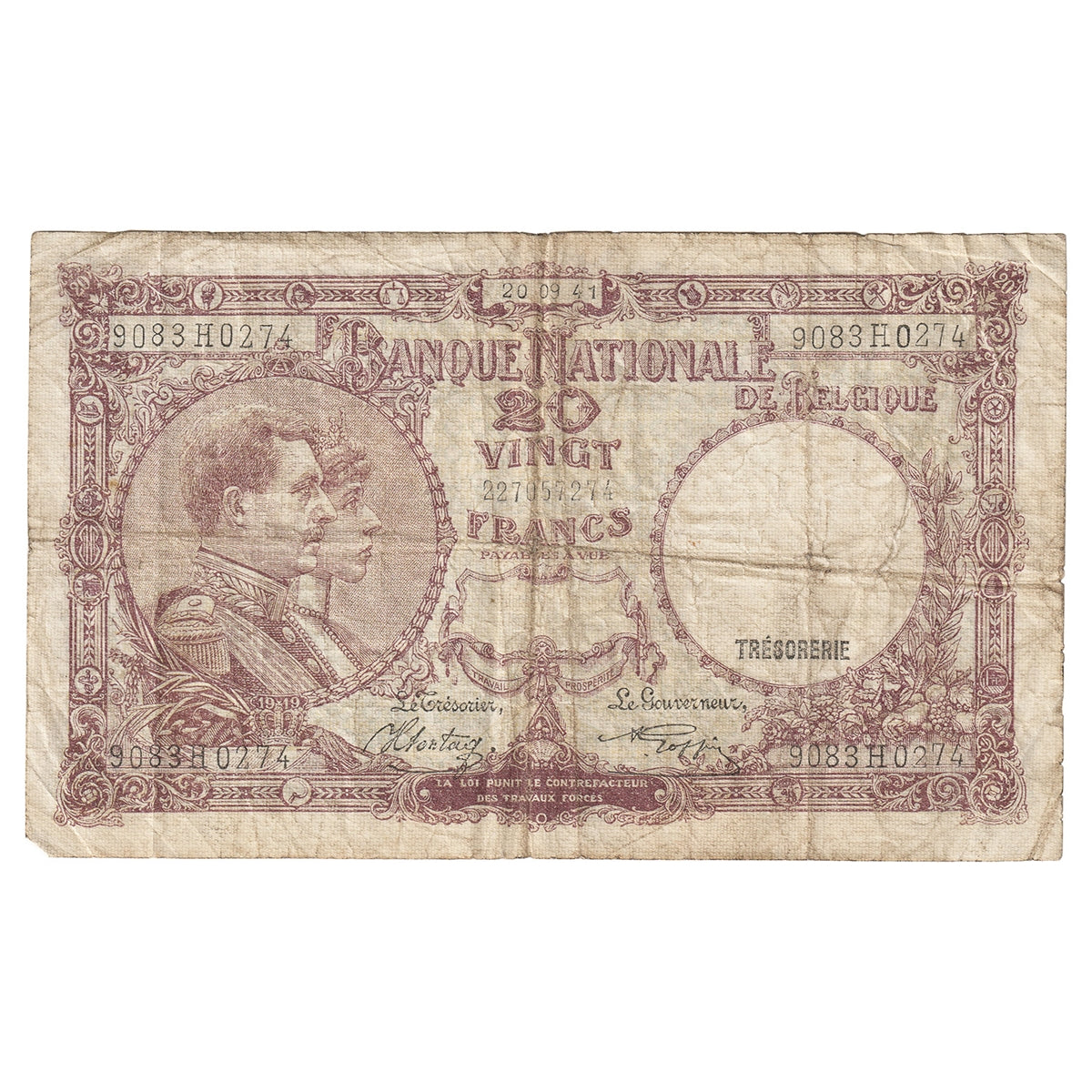 Belgium 1941 20 Franc Note, Pick #111, F