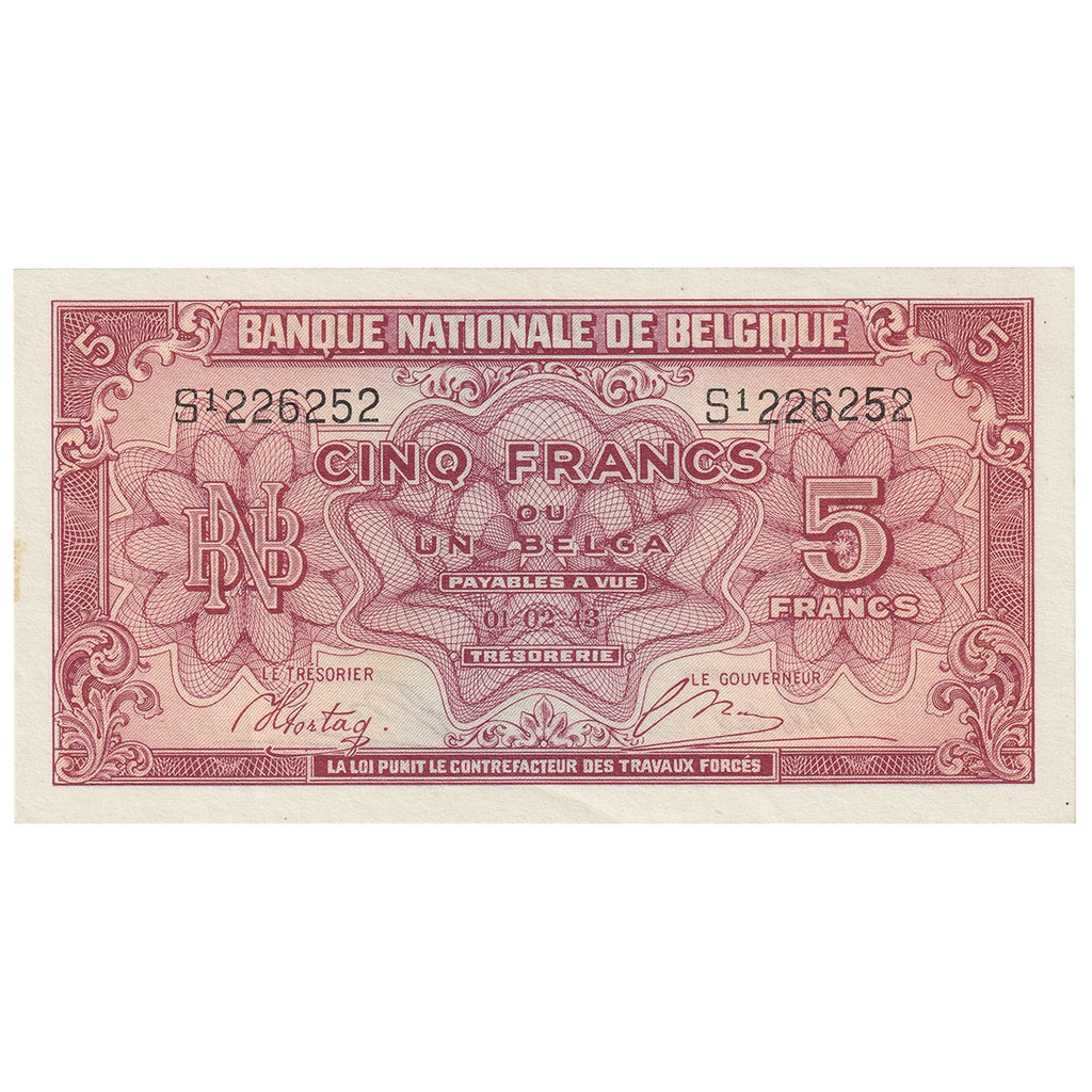 Belgium 1943 5 Franc-1 Belga Note, Pick #121, EF-AU