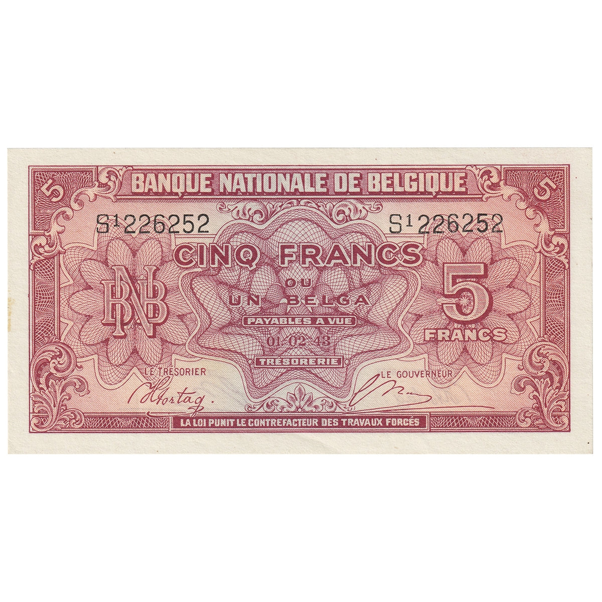 Belgium 1943 5 Franc-1 Belga Note, Pick #121, EF-AU