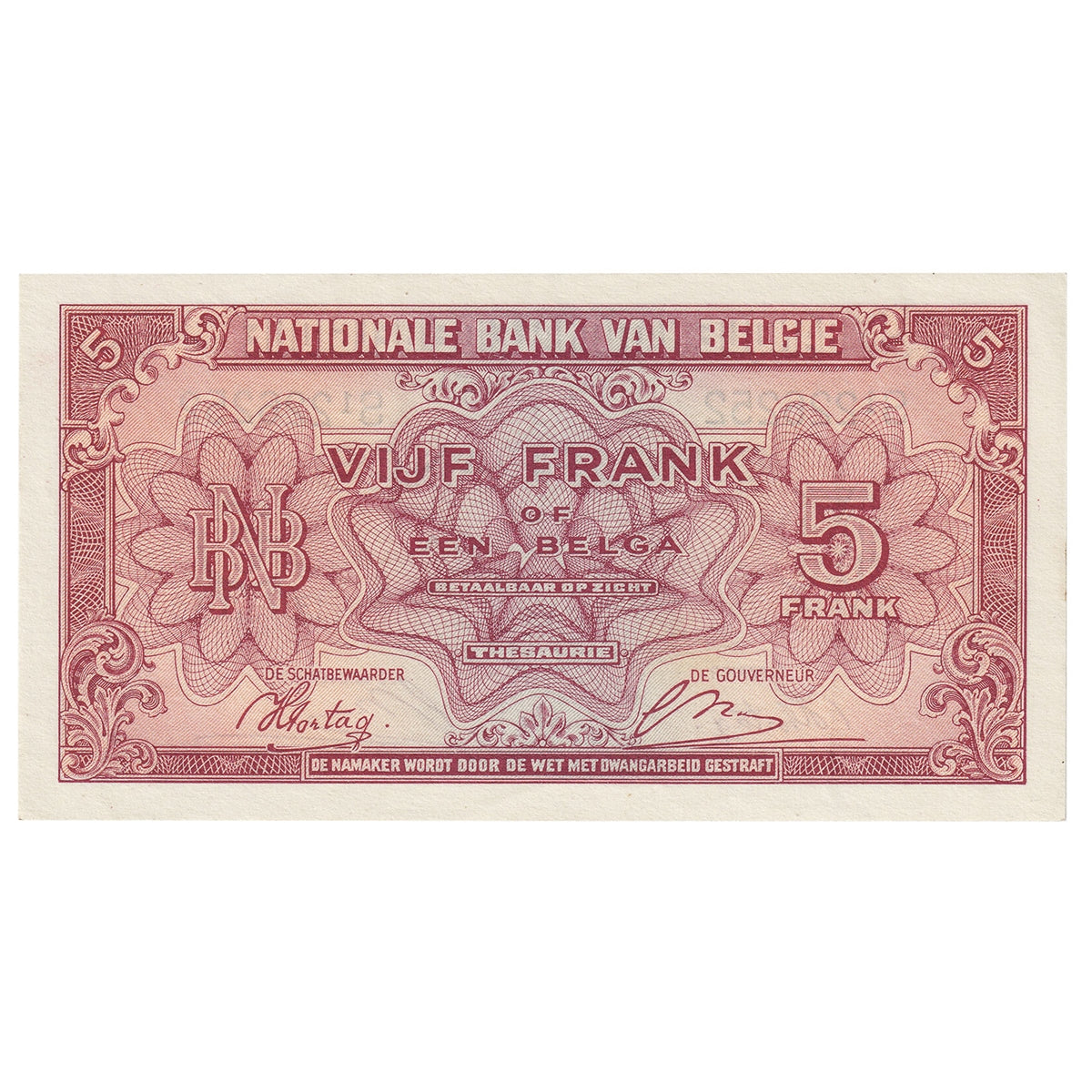 Belgium 1943 5 Franc-1 Belga Note, Pick #121, EF-AU
