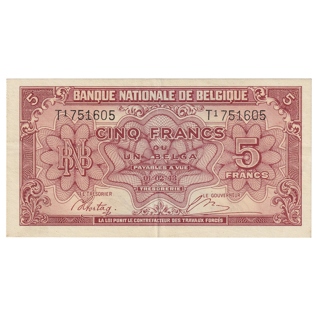 Belgium 1943 5 Franc-1 Belga Note, Pick #121, EF